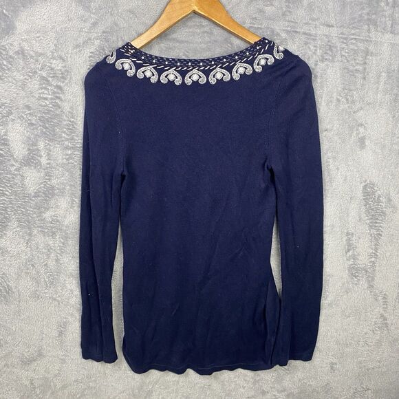 Lilly Pulitzer April Navy Blue Embroidered Tunic Sweater Top Size Medium Wool - Picture 3 of 7